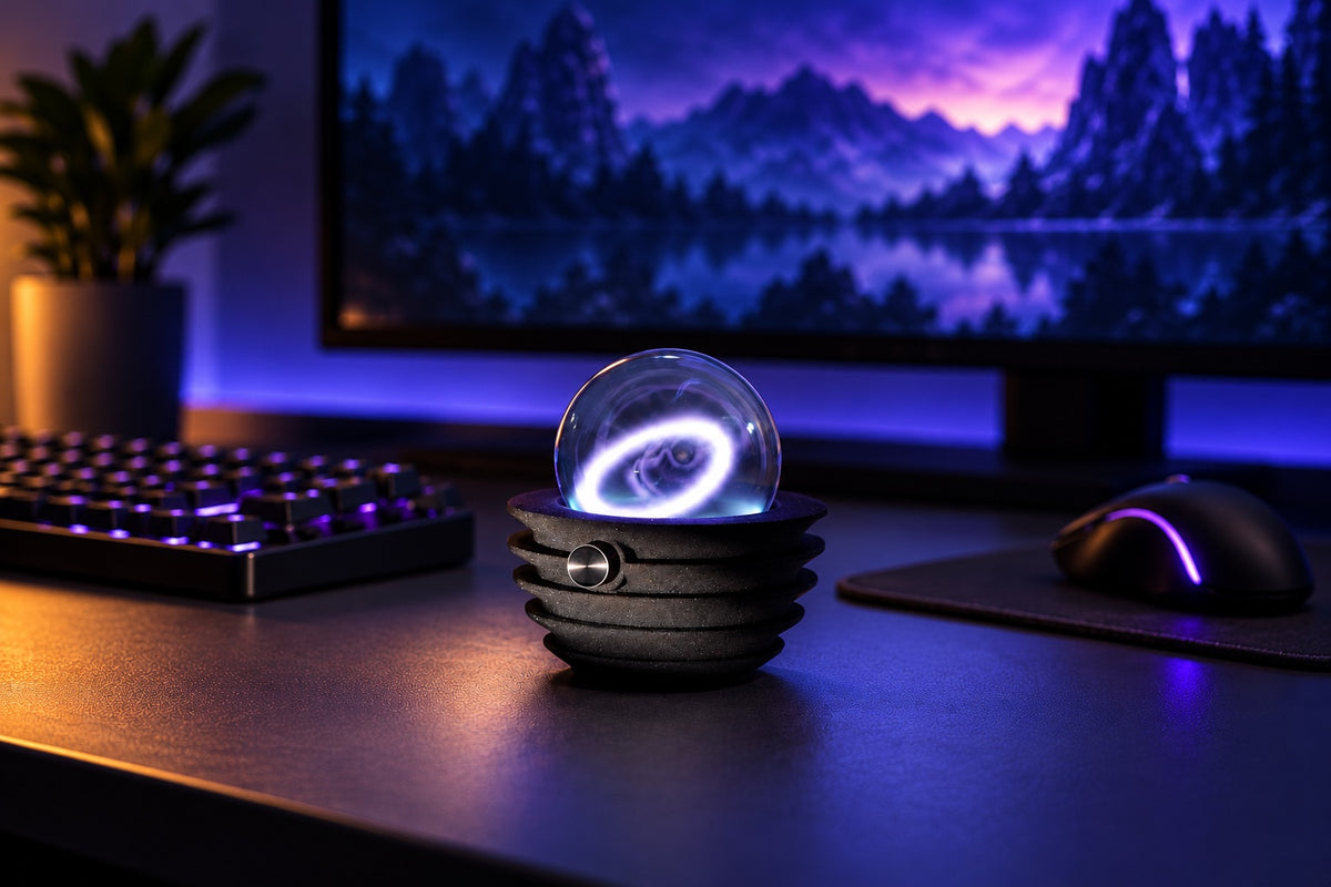 REAZE A300 on a blue-violet desktop — AI-assisted lifestyle image