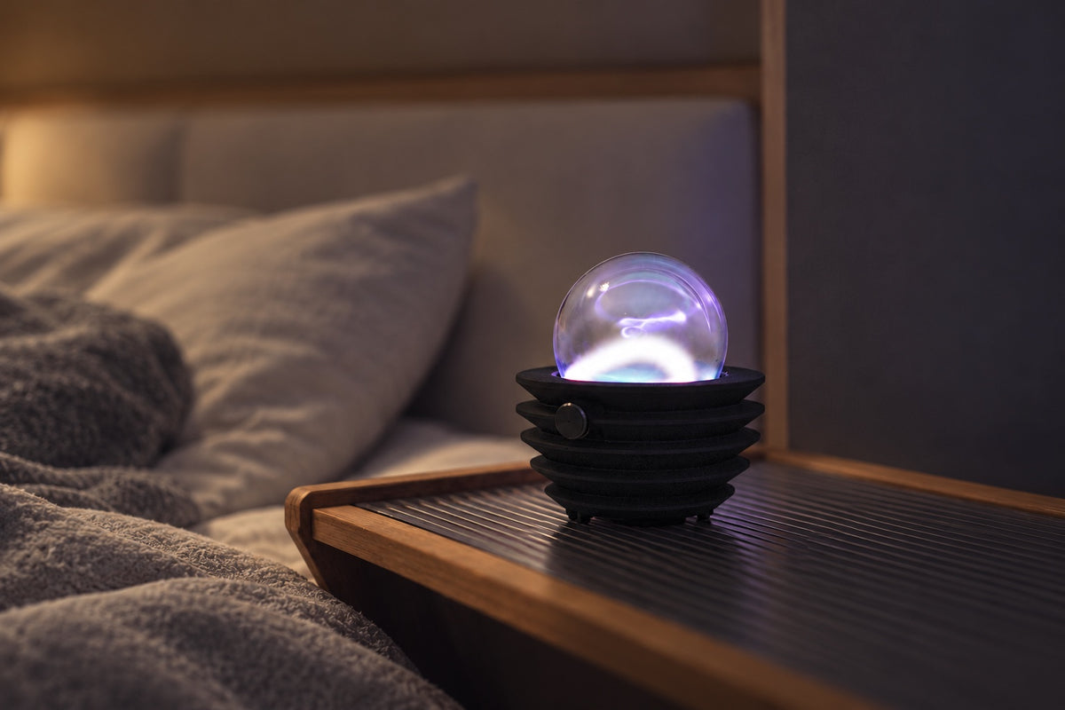 REAZE A300 on a wooden bedside tray — AI-assisted lifestyle image